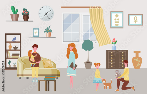 Happy family characters at home interior parents and their children in living room vector illustration. Family characters of father, mother, son and daughters, cats at home, happy people house.