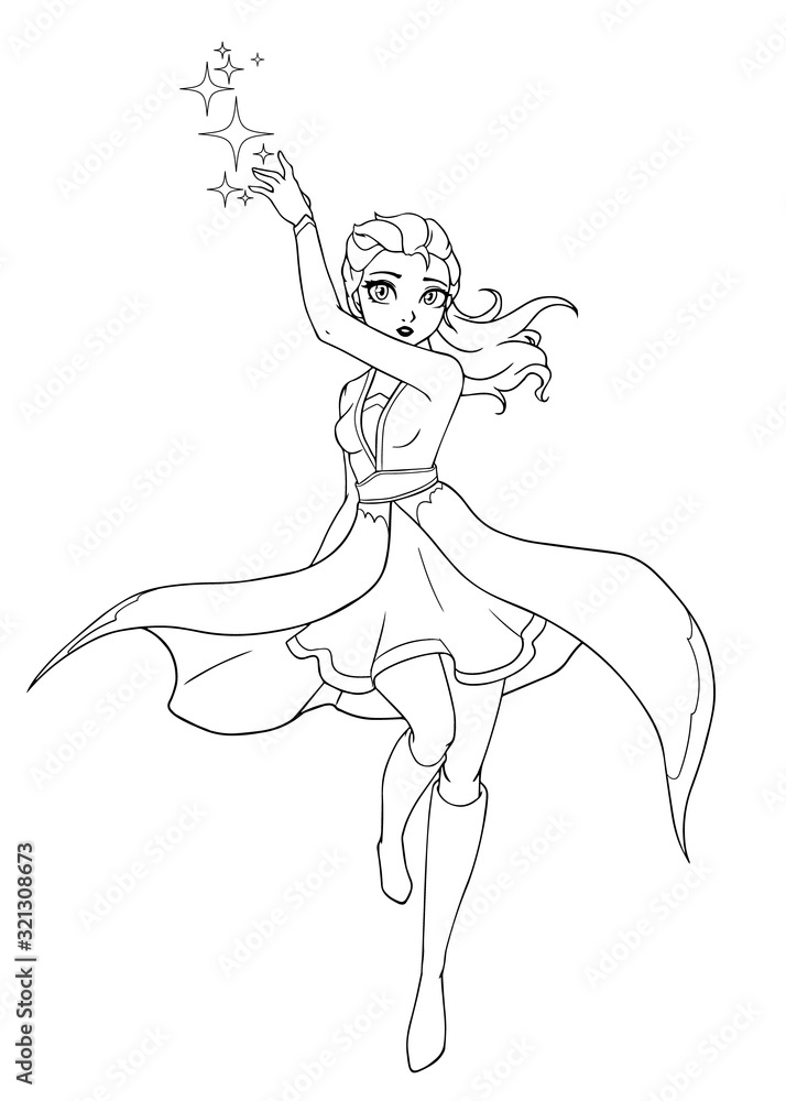 Pretty cartoon witch. Hand drawn vector illustration. Can be used for coloring book, children ...