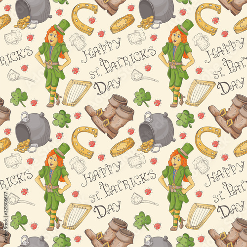 seamless 4 pattern illustration for design on the Irish theme of St Patricks day in the style of Doodle