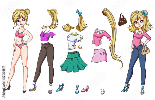 Cute dress up paper doll. Blondie girl. Body template, haircuts, underwear, clothes and accessories.