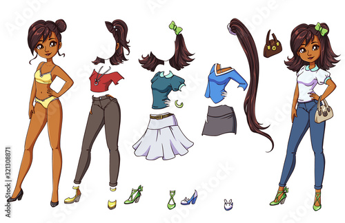 Cute dress up paper doll. Brunette girl. Body template, haircuts, underwear, clothes and accessories. Hand drawn vector illustration for children books, games, t-shirt.