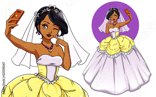 Pretty cartoon bride taking selfie. Brunette girl wearing wedding dress and veil.