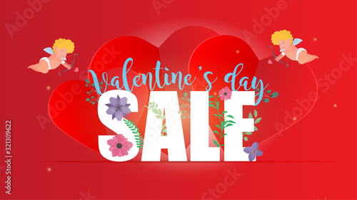 Valentine's day sale red banner. Cupids, red hearts, lettering and flowers. Good for escorting sales and discounts for Valentine's Day. Vector illustration.