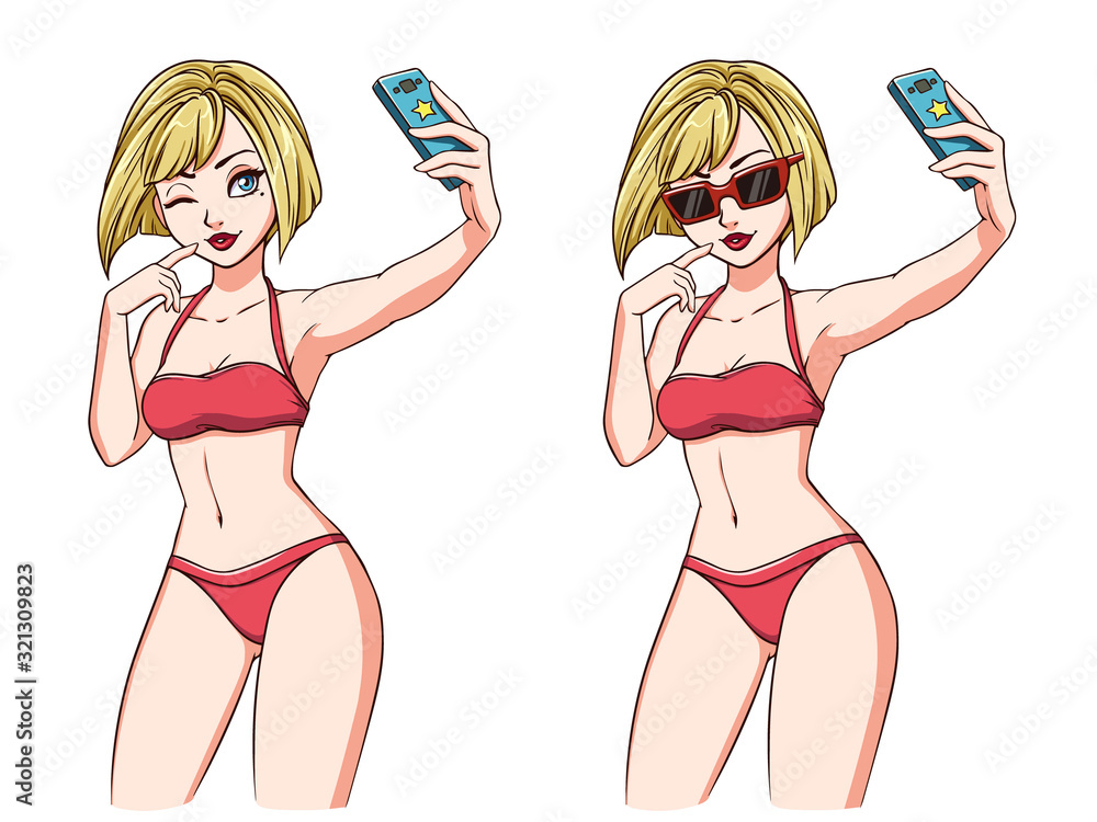 Sexy Cartoon Girl Takes A Selfie Blondie Girl In Red Swimsuit And Red