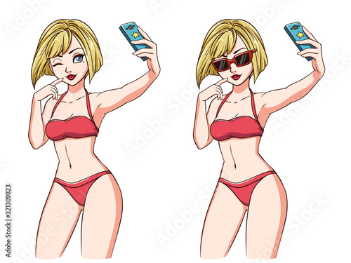 Sexy cartoon girl takes a selfie. Blondie girl in red swimsuit and red sunglasses. Hand drawn vector illustration, isolated on white. Can be used for game, cards, magazines, poster, t-shirt.