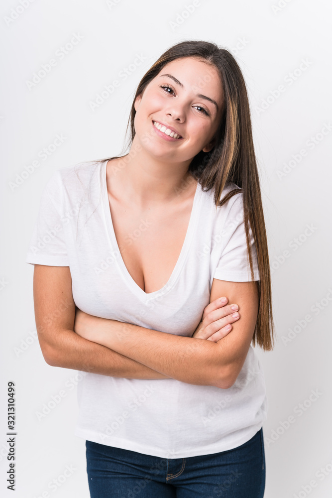 Young pretty caucasian woman face closeup isolated