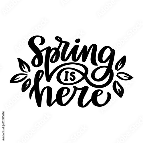 Spring is here. Hand drawn lettering phrase.