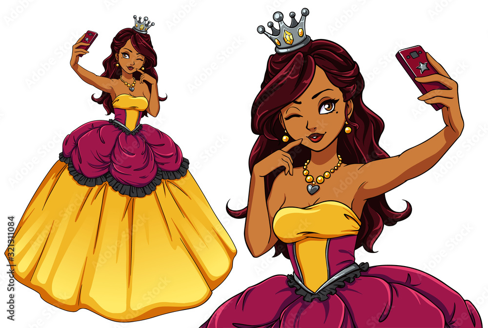 Plakat Pretty cartoon princess taking selfie. Brunette girl wearing yellow royal dress and silver crown.