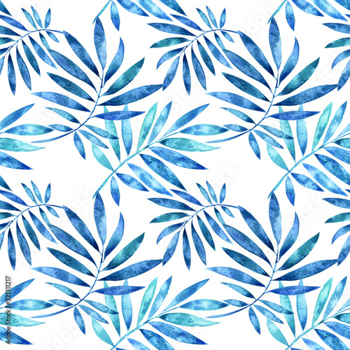 Watercolor seamless pattern with hand painted watercolor tropical palm leaves. Stock illustration. Fabric wallpaper print texture.