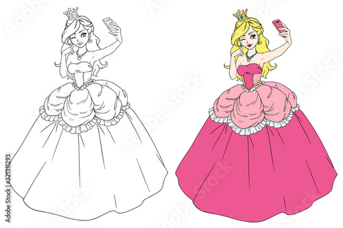 Pretty cartoon princess taking selfie. Girl wearing royal dress and crown. Hand drawn contour vector illustration. Can be used for children mobile games, coloring books, cards.