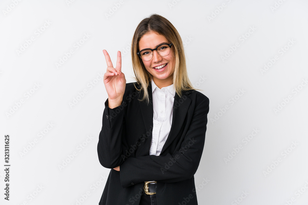 Young business caucasian woman showing number two with fingers. Young business caucasian woman showing number two with fingers.