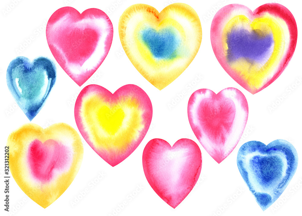 Set of hand painted watercolor hearts, bright colors. Stock illustration, Valentine's day, romantic post cards, greeting cards.