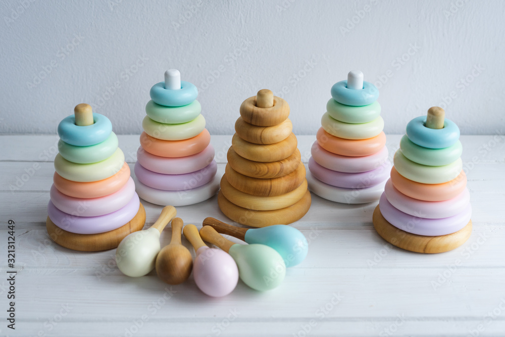 Children's wooden toys painted in pastel colors. Children's wooden toys painted in pastel colors.