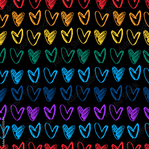 Seamless pattern. Rainbow-colored rows of hand drawn heart shapes on black background for gift wrap and other design projects. Valentines Day concept, romance concept