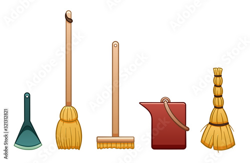 Cartoon isolated broom stick, bucket, mop, besom and dustpan for cleaning on white background