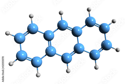 3D image of anthracene skeletal formula - molecular chemical structure of  polycyclic aromatic hydrocarbon C14H10 isolated on white background