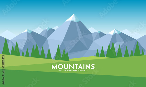 Landscape with Mountain and green field view. Flat vector style illustration. Natural panorama view of the mountain range with some snow on the top. Polygonal background with place for text.