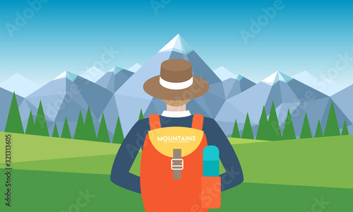 Man with backpack, traveller or explorer standing or cliff and looking on valley. Concept of discovery, exploration, hiking, adventure tourism and travel. Flat vector illustration design template