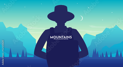 Man with backpack, traveller or explorer wearing a hat at night standing and looking on valley. Concept of discovery, exploration, hiking, adventure tourism and travel. Flat vector illustration.