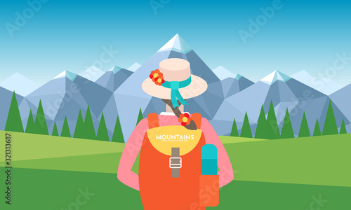 Girl with backpack, traveller or explorer standing and looking on valley to mountains. Concept of discovery, exploration, hiking, adventure tourism and travel. Flat vector illustration design template