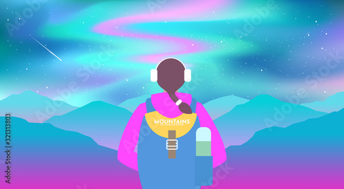 Woman an with backpack in winter ear bandage, with thermos, traveler, explorer standing, looks at Northern Lights. Concept of discovery, exploration, hiking, adventure tourism and travel. Flat vector