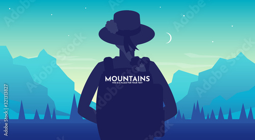 Woman with backpack, traveller or explorer wearing a hat at night standing and looking on valley. Concept of discovery, exploration, hiking, adventure tourism and travel. Flat vector illustration.