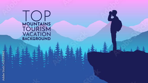 Tourist on top looks in binoculars. Explorer. Tourism on nature template of flyer, poster, cover, banner. Active lifestyle invitation concept background. Layout illustration modern page. Flat design