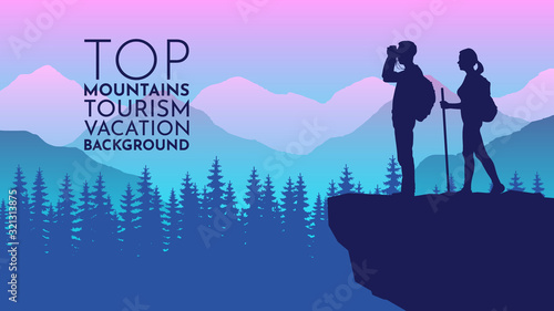 Guy with backpack and girl with a cane looks in binoculars at the top. Traveller or explorer standing on mountain. Active lifestyle invitation concept background. Concept of discovery.  Flat vector