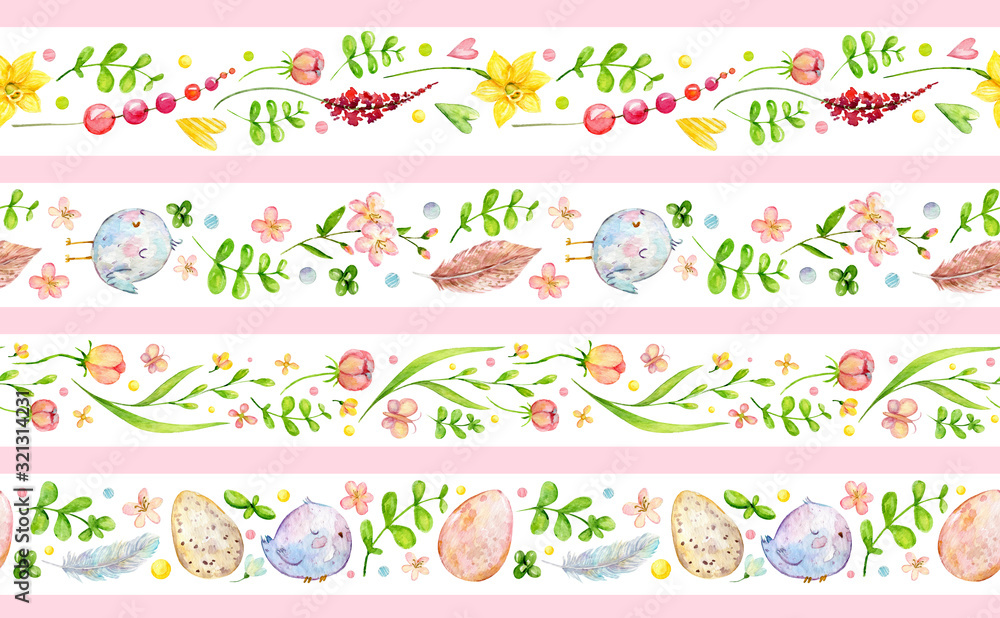Watercolor Easter seamless border patterns. Endless washi tape (means paper tape), masking tape, sticky, dividers, pattern board. Floral seamless border and ribbons. Spring flowers, ester eggs, birds