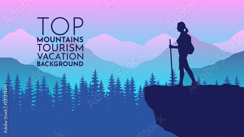 Girl with a backpack and a stick on top.  Climbing on mountain. Vector illustration hiking and climbing team.  Active lifestyle invitation concept background. Flat vector illustration.