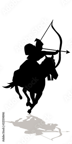 イラスト素材　　武将　シルエット　影　甲冑　弓　馬　ベクター