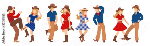 Vector illustration of a group of cowboys and cowgirls in western country dancing a line of dance. Couples man and woman dancing a cheerful dance in American folk style.