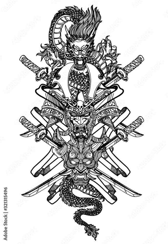 Obraz premium Tattoo art dargon hand drawing and sketch black and white