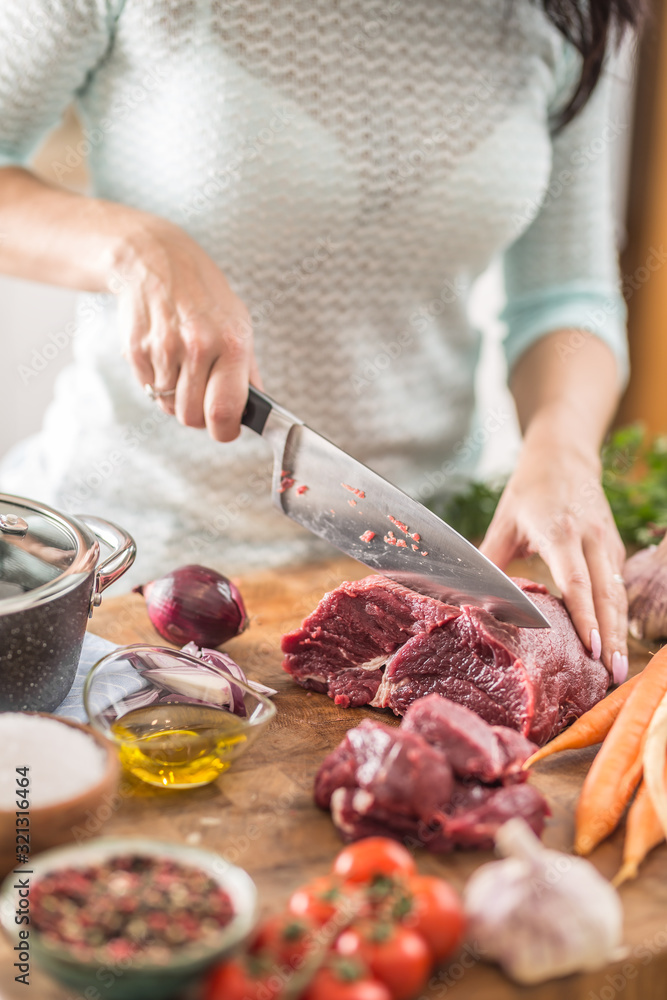 Young housewife slicing fresh beef steak. Female hands preparing lunch of meat and vegetables