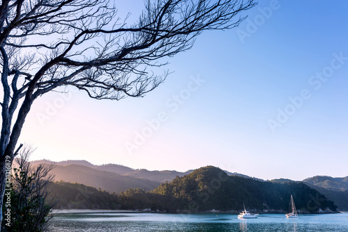 Fotografie, Obraz Sunset with boat lay at anchor in a bay of Abel Tasman National Park, New Zealan