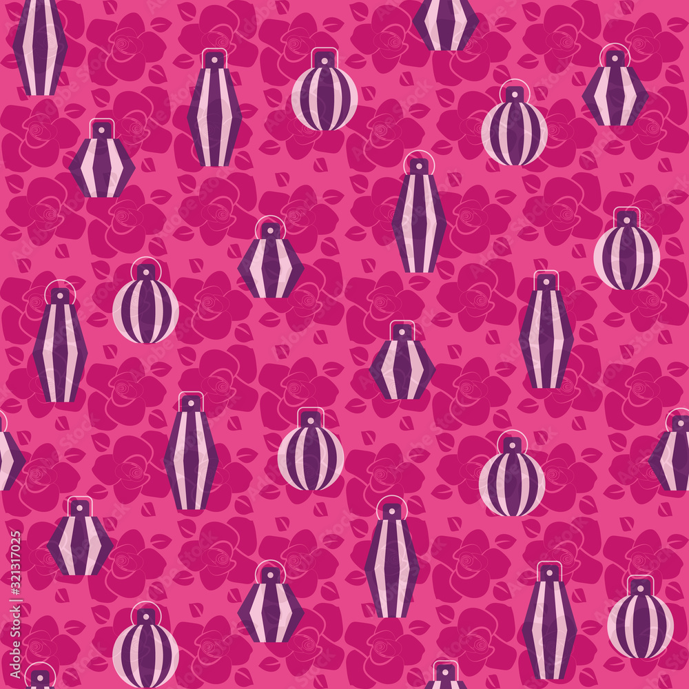 Perfume bottles ans roses vibrant pink seamless vector pattern. Feminine surface print design. Great for beauty themed fabrics, stationery and packaging. Perfume bottles ans roses vibrant pink seamless vector pattern. Feminine surface print design. Great for beauty themed fabrics, stationery and packaging.