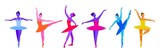 Vector set of hand draw ballerinas in trendy colors on a white background. Purple, blue and pink neon colors of dancers isolated. Print and design for poster, poster, postcard.