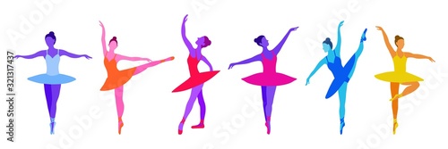 Vector set of hand draw ballerinas in trendy colors on a white background. Purple, blue and pink neon colors of dancers isolated. Print and design for poster, poster, postcard.
