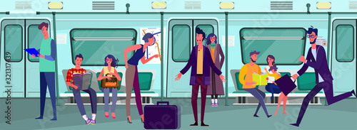 Passengers travelling by subway train. Commuters, carriage, quarrel flat vector illustration. Commuting, public transport, city tube concept for banner, website design or landing web page