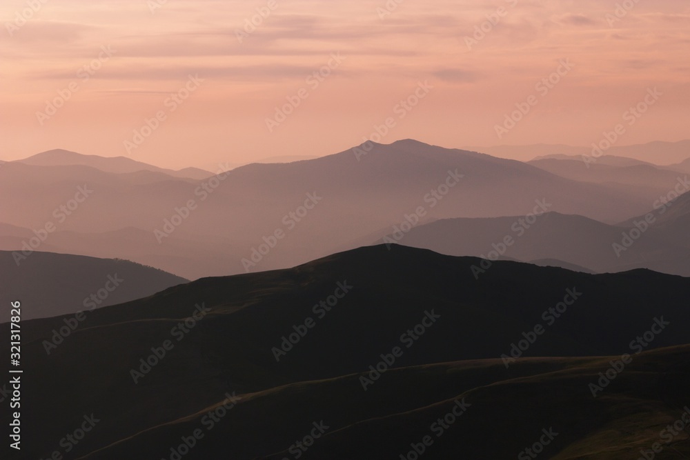 amazing summer dawn landscape, spectacular morning colorful image, mountains hill covered forest on background dramatic sky and sunrise, splendid nature scenery, Ukraine, Europe, Carpathians