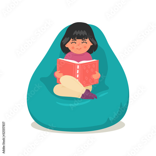Cute little girl reading book in bean bag. Child sitting in comfortable armchair. Education vector illustration isolated on white background. 