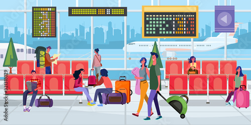 Tourists waiting for boarding in airport. Hall, departure area, airliner flat vector illustration. Travel, transportation, flight concept for banner, website design or landing web page