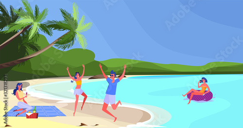 Tourists enjoying vacation on tropical beach. Palm, sea, white sand flat vector illustration. Holidays, party, recreation concept for banner, website design or landing web page