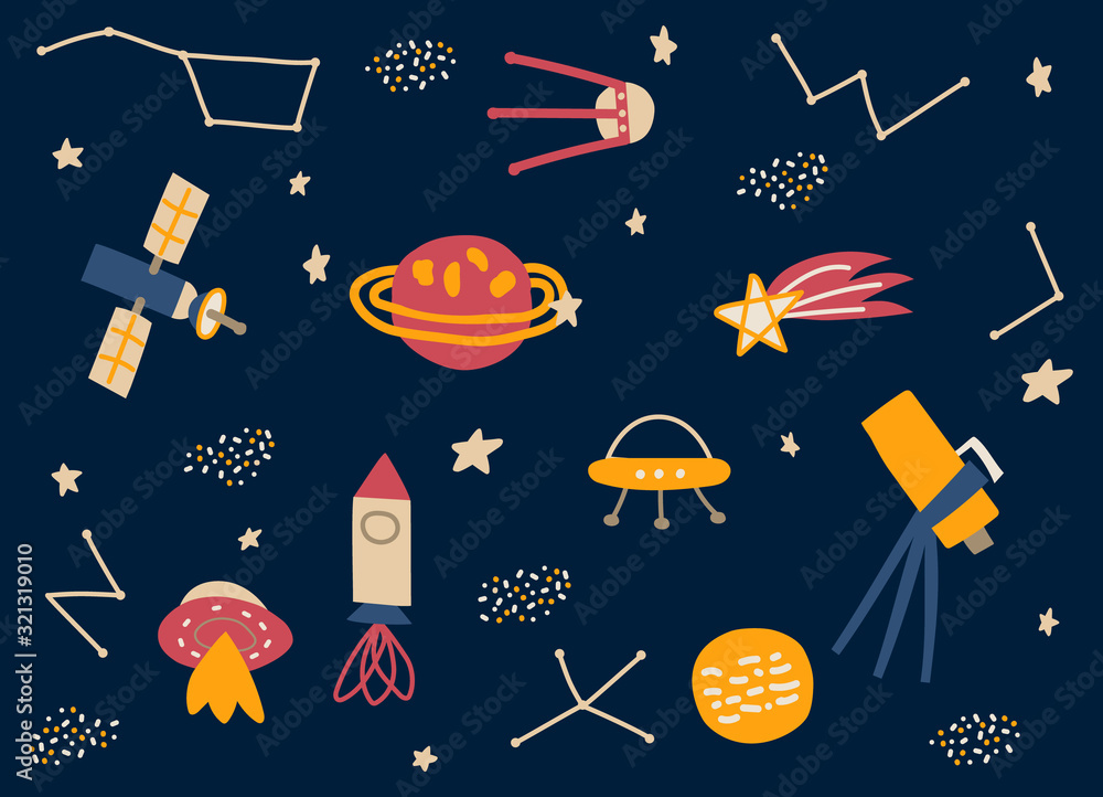 Naklejka premium Hand drawn cartoon illustration rocket, planets, comet, stars, ufo. Space exploration, space trip. Childish, Scandinavian style background. Illustration for textile, fabric, wallpaper, web design