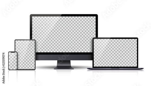 Realistic set of Monitor, laptop, tablet, smartphone dark grey color - Stock Vector.