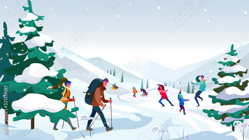 Families enjoying winter countryside. Hiking, tourist, mountain landscape flat vector illustration. Adventure, outdoor activity, ski resort concept for banner, website design or landing web page