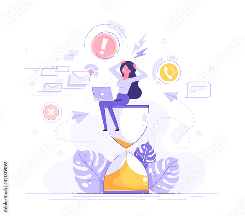 Tired and exasperated business woman is sitting on an hourglass and grabbed his head with business process icons and infographics on background. Stress in the office. Rush work. Deadline. Vector.
