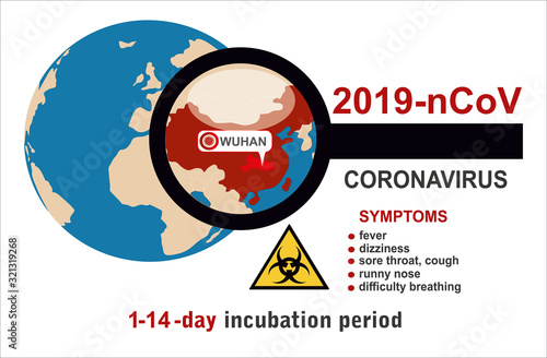 2019-nCoV. China pathogen respiratory coronavirus 2019-nCoV. Flu spreading of world, China map. Dangerous chinese ncov corona virus, SARS pandemic risk alert.Symptoms