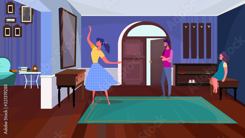 Family in hallway ready to go. Parents, kid, entrance door, mirror flat vector illustration. Narcissist mother, home interior concept for banner, website design or landing web page