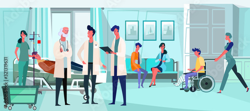 Doctors working with patients in hospital interior. Nurses, transfusion, broken bones flat vector illustration. First aid station, medical help concept for banner, website design or landing web page